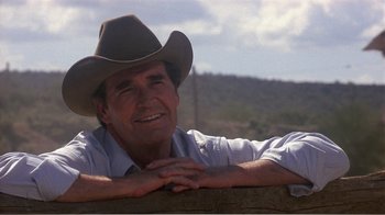Movie still from “Murphy's Romance” (1985), directed by Martin Ritt – A man wearing a cowboy hat leaning on a fence; Close Up shot, Low angle