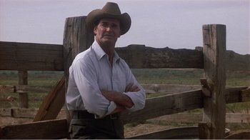 Movie still from “Murphy's Romance” (1985), directed by Martin Ritt – A man wearing a cowboy hat standing in front of a fence; Medium shot, Low angle