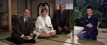 Movie still from “My Geisha” (1962), directed by Jack Cardiff – Two people sitting on the ground in a room; Medium shot, High angle