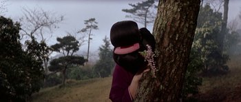 Movie still from “My Geisha” (1962), directed by Jack Cardiff – A person with a boxing glove on a tree trunk; Close Up shot, Low angle