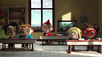 Movie still from “My Life as a Zucchini” (2016), directed by Claude Barras – A group of children sitting at a desk in front of a television; Wide shot, High angle