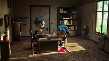 Movie still from “My Life as a Zucchini” (2016), directed by Claude Barras – A couple of people sitting at a table in a room; Wide shot, High angle