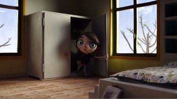 Movie still from “My Life as a Zucchini” (2016), directed by Claude Barras – A cartoon of a girl standing in a closet; Wide shot, High angle