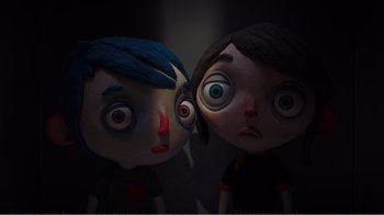 Movie still from “My Life as a Zucchini” (2016), directed by Claude Barras – A couple of people that are staring at something; Close Up shot, Overhead angle