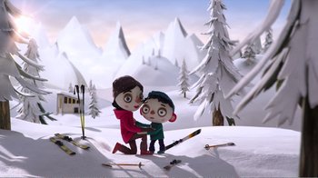 Movie still from “My Life as a Zucchini” (2016), directed by Claude Barras – A couple of people that are in the snow; Wide shot, High angle