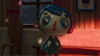 Movie still from “My Life as a Zucchini” (2016), directed by Claude Barras – The head of a cartoon character; Medium shot, High angle