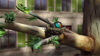 Movie still from “My Life as a Zucchini” (2016), directed by Claude Barras – A bird sitting in a nest on top of a tree branch; Wide shot, High angle