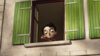 Movie still from “My Life as a Zucchini” (2016), directed by Claude Barras – A cartoon of a boy looking out of a window; Medium shot, Low angle