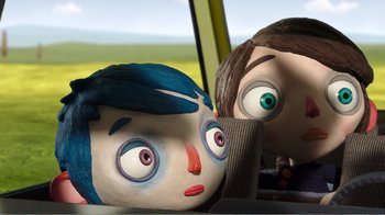 Movie still from “My Life as a Zucchini” (2016), directed by Claude Barras – View of a couple of ceramic faces; Close Up shot, Overhead angle