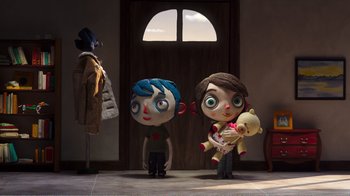 Movie still from “My Life as a Zucchini” (2016), directed by Claude Barras – A couple of people standing next to each other in front of a door; Wide shot, Over the shoulder angle