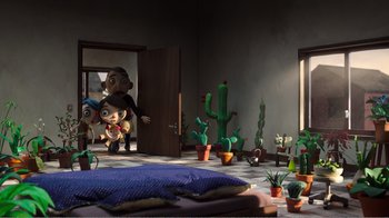 Movie still from “My Life as a Zucchini” (2016), directed by Claude Barras – A room filled with cactus plants and toys; Wide shot, High angle