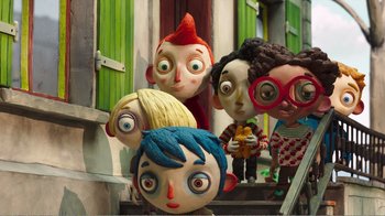 Movie still from “My Life as a Zucchini” (2016), directed by Claude Barras – A group of people that are standing next to each other; Wide shot, Low angle