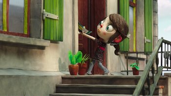 Movie still from “My Life as a Zucchini” (2016), directed by Claude Barras – A cartoon girl holding a bird on a porch; Wide shot, Over the shoulder angle