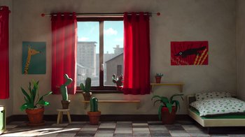 Movie still from “My Life as a Zucchini” (2016), directed by Claude Barras – A room with a window with red drapes and a window sill with plants; Extreme Wide shot, High angle