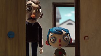 Movie still from “My Life as a Zucchini” (2016), directed by Claude Barras – A couple of people standing next to each other in front of a window; Medium shot, Over the shoulder angle