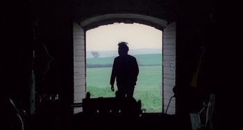Movie still from “My Own Private Idaho” (1991), directed by Gus Van Sant – A man standing in a doorway looking out at a green field; Wide shot, Low angle
