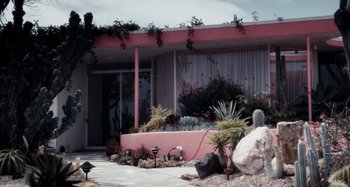 Movie still from “My Son, My Son, What Have Ye Done” (2009), directed by Werner Herzog – A pink house with plants and rocks in front of it; Extreme Wide shot, High angle
