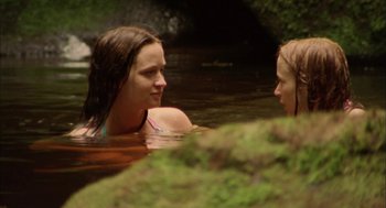 Movie still from “My Summer of Love” (2004), directed by Pawel Pawlikowski – Two young women in the water at the edge of a waterfall; Medium shot, Over the shoulder angle