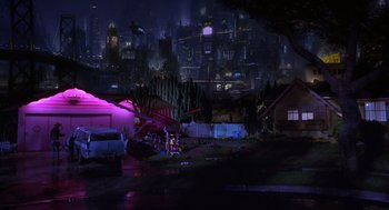 Movie still from “Mystery Men” (1999), directed by Kinka Usher – A car parked in front of a building at night time; Extreme Wide shot, High angle