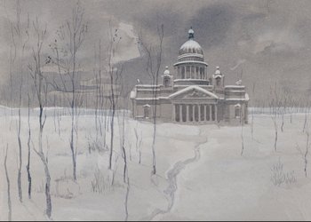 A painting of a church in the middle of a snowy field