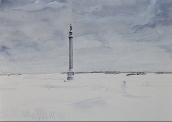 Movie still from “A Few Days from the Life of I.I. Oblomov” (1980), directed by Nikita Mikhalkov – A painting of a monument in the middle of a snowy field; Extreme Wide shot, High angle