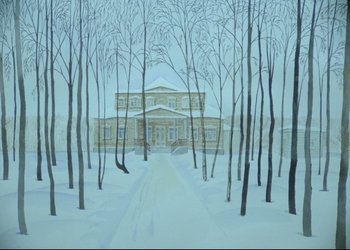 Movie still from “A Few Days from the Life of I.I. Oblomov” (1980), directed by Nikita Mikhalkov – A painting of a house surrounded by trees in the snow; Extreme Wide shot, Overhead angle