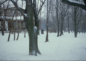 Movie still from “A Few Days from the Life of I.I. Oblomov” (1980), directed by Nikita Mikhalkov – A person walking in the snow next to trees; Extreme Wide shot, High angle