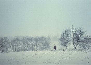 Movie still from “A Few Days from the Life of I.I. Oblomov” (1980), directed by Nikita Mikhalkov – A person is walking in the snow near some trees; Extreme Wide shot, Over the shoulder angle