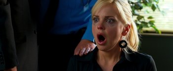 Movie still from “Observe and Report” (2009), directed by Jody Hill – A woman with her mouth open and her hand on the shoulder of a man; Close Up shot, Low angle