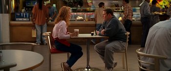Movie still from “Observe and Report” (2009), directed by Jody Hill – A man and a woman sitting at a table with a cup of coffee; Medium shot, Over the shoulder angle