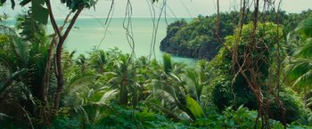 Movie still from “Oceans” (2009), directed by Jacques Cluzaud – A view of a body of water from a jungle; Extreme Wide shot, High angle
