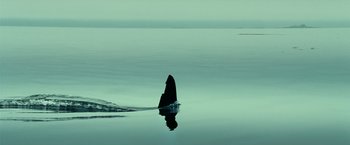 Movie still from “Oceans” (2009), directed by Jacques Cluzaud – A shark fin floating on top of a body of water; Extreme Wide shot, Low angle