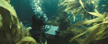 Movie still from “Oceans” (2009), directed by Jacques Cluzaud – An underwater view of a person writing on a piece of paper; Medium shot, High angle
