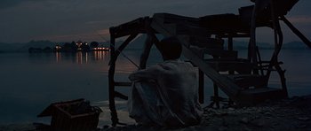 Movie still from “Octopussy” (1983), directed by John Glen – A man sitting on the shore of a body of water at night; Extreme Wide shot, Low angle