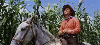 Movie still from “Oklahoma!” (1955), directed by Fred Zinnemann – A man riding a horse through a corn field; Medium shot, Low angle