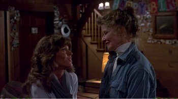 Movie still from “On Golden Pond” (1981), directed by Mark Rydell – Two women are talking to each other in a room; Medium shot, Over the shoulder angle