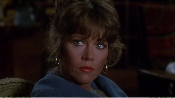 Movie still from “On Golden Pond” (1981), directed by Mark Rydell – A person wearing a blue jacket; Close Up shot, Over the shoulder angle