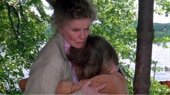 Movie still from “On Golden Pond” (1981), directed by Mark Rydell – An older woman is hugging a younger woman; Medium shot, Over the shoulder angle