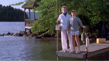 Movie still from “On Golden Pond” (1981), directed by Mark Rydell – A man and a woman standing on a pier; Wide shot, Low angle