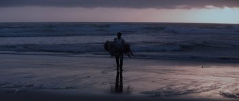 Movie still from “On Her Majesty's Secret Service” (1969), directed by Peter R. Hunt – A man standing on the beach holding a bird in his arms; Extreme Wide shot, High angle