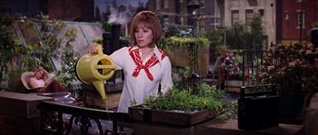 Movie still from “On a Clear Day You Can See Forever” (1970), directed by Vincente Minnelli – A woman watering plants with a yellow watering can; Medium shot, Low angle