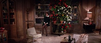 Movie still from “On a Clear Day You Can See Forever” (1970), directed by Vincente Minnelli – A woman sitting on a chair next to a plant filled with flowers; Wide shot, High angle