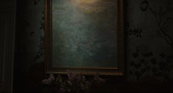 Movie still from “On the Rocks” (2020), directed by Sofia Coppola – A painting of water lilies and lilacs on a wall; Medium shot, High angle