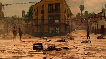 Movie still from “Once Upon a Time in Mexico” (2003), directed by Robert Rodriguez – An image of an empty street in the middle of the day; Extreme Wide shot, High angle