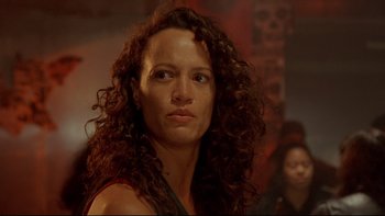 Movie still from “Once Were Warriors” (1994), directed by Lee Tamahori – A person with curly hair; Close Up shot, Low angle