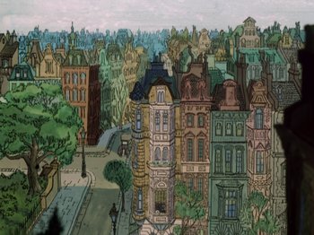 Movie still from “One Hundred and One Dalmatians” (1961), directed by Wolfgang Reitherman – An illustration of a city with many buildings and trees; Extreme Wide shot, Overhead angle