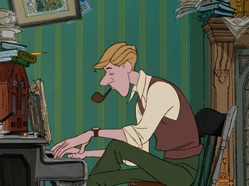 Movie still from “One Hundred and One Dalmatians” (1961), directed by Wolfgang Reitherman – A man sitting at a piano with a pipe in his mouth; Medium shot, Overhead angle