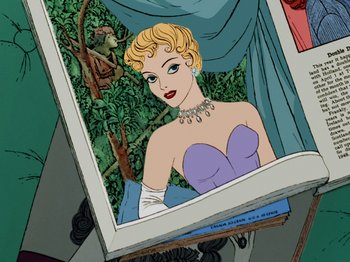 Movie still from “One Hundred and One Dalmatians” (1961), directed by Wolfgang Reitherman – An illustration of a woman in a purple dress; Medium shot, Low angle