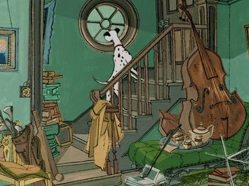 Movie still from “One Hundred and One Dalmatians” (1961), directed by Wolfgang Reitherman – A painting of a dalmatian dog on the stairs; Wide shot, High angle