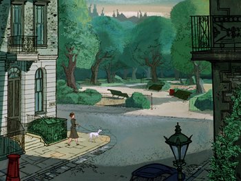 Movie still from “One Hundred and One Dalmatians” (1961), directed by Wolfgang Reitherman – An artistic drawing of a woman and a dog on the sidewalk; Extreme Wide shot, High angle